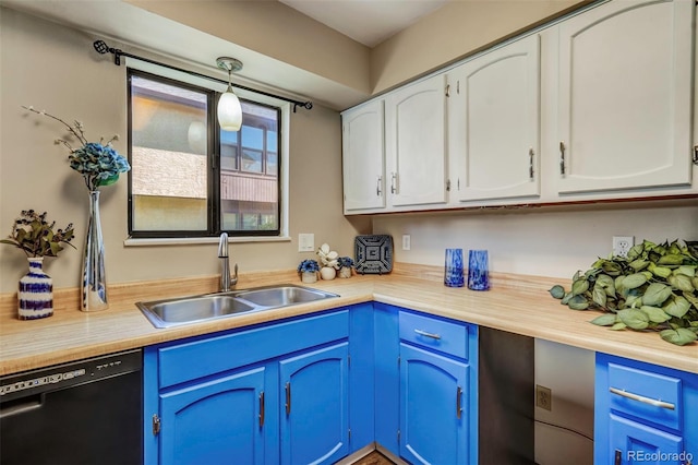 kitchen featuring white cabinets, hanging light fixtures, sink, black dishwasher, and blue cabinets