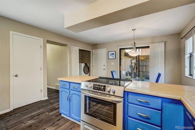 kitchen with dark hardwood / wood-style flooring, black dishwasher, pendant lighting, blue cabinetry, and stainless steel range with electric cooktop