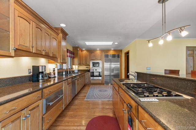 kitchen featuring stainless steel appliances, a skylight, sink, and hanging light fixtures