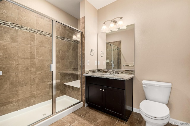 bathroom with toilet, a shower with door, and vanity