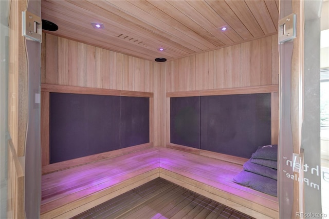 28154 Belle Mont Trl, Conifer, CO 80433 - sauna featuring wood ceiling, wood finished floors, wooden walls, and recessed lighting