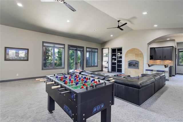 28154 Belle Mont Trl, Conifer, CO 80433 - playroom with ceiling fan, light colored carpet, baseboards, vaulted ceiling, and recessed lighting
