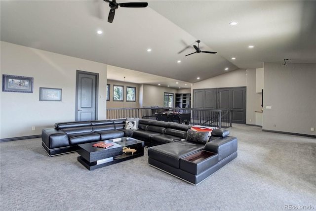 28154 Belle Mont Trl, Conifer, CO 80433 - cinema room with ceiling fan, light colored carpet, recessed lighting, baseboards, and high vaulted ceiling