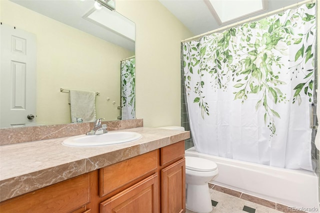 full bathroom featuring tile patterned floors, vanity, toilet, and shower / bathtub combination with curtain