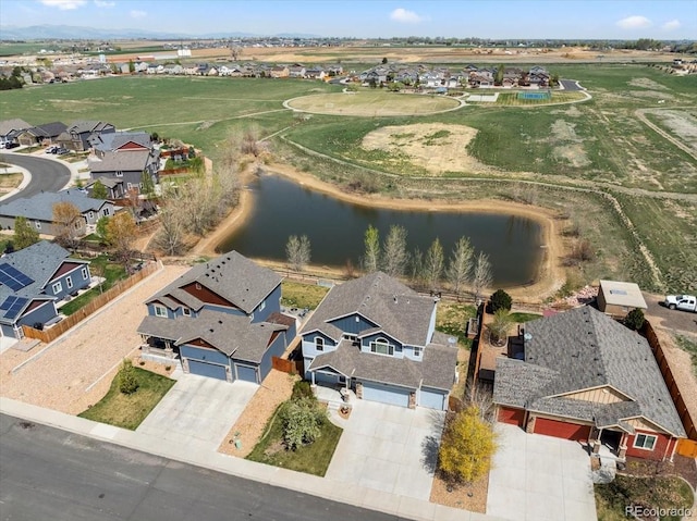 birds eye view of property with a residential view and a water view