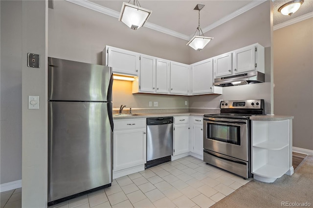 kitchen with white cabinets, decorative light fixtures, and stainless steel appliances