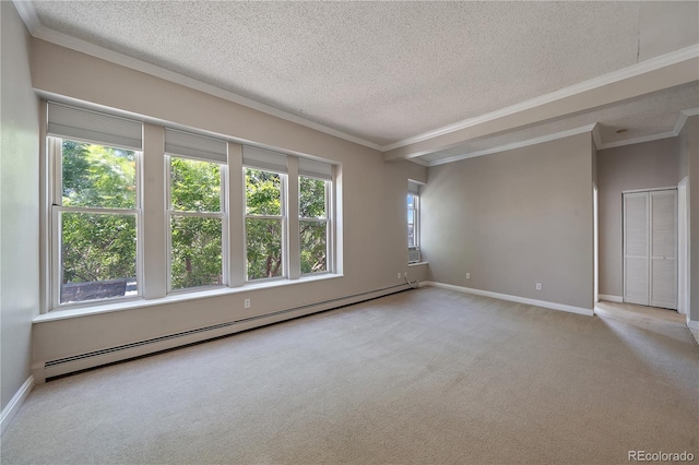 carpeted empty room featuring a textured ceiling, a baseboard radiator, and ornamental molding