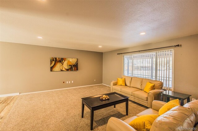 living room featuring a textured ceiling and light colored carpet