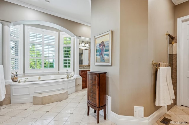 8717 Ridgepoint Dr, Castle Pines, CO 80108 - full bath featuring decorative columns, a garden tub, vanity, crown molding, and tile patterned flooring