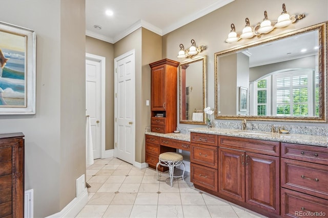 8717 Ridgepoint Dr, Castle Pines, CO 80108 - bathroom with vanity, crown molding, recessed lighting, and tile patterned flooring