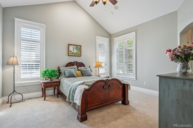 8717 Ridgepoint Dr, Castle Pines, CO 80108 - bedroom featuring light colored carpet, a ceiling fan, and high vaulted ceiling