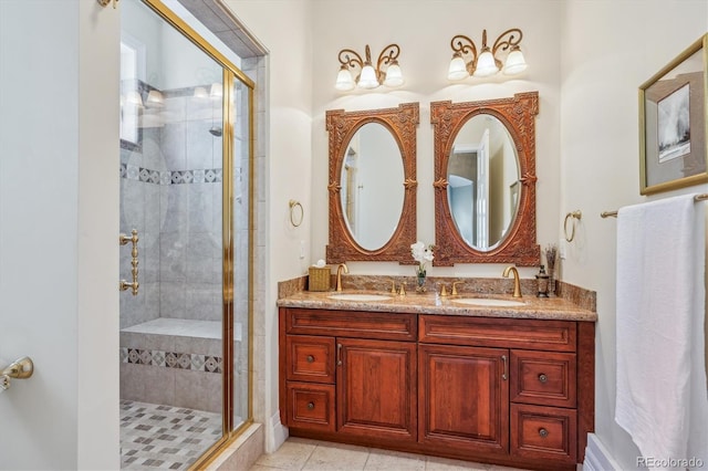 8717 Ridgepoint Dr, Castle Pines, CO 80108 - full bathroom featuring a stall shower, double vanity, and tile patterned floors