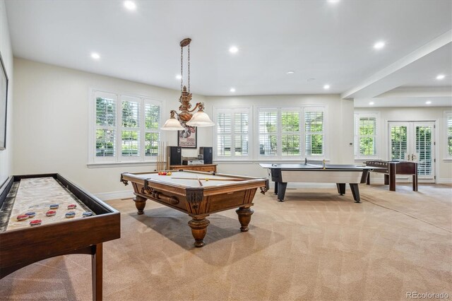 8717 Ridgepoint Dr, Castle Pines, CO 80108 - game room with pool table, recessed lighting, light colored carpet, and french doors