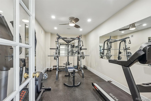 8717 Ridgepoint Dr, Castle Pines, CO 80108 - workout room with a ceiling fan and recessed lighting