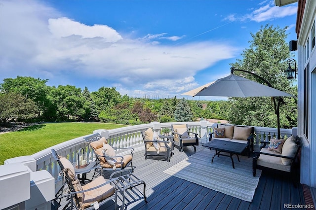 8717 Ridgepoint Dr, Castle Pines, CO 80108 - wooden terrace with an outdoor living space and a lawn