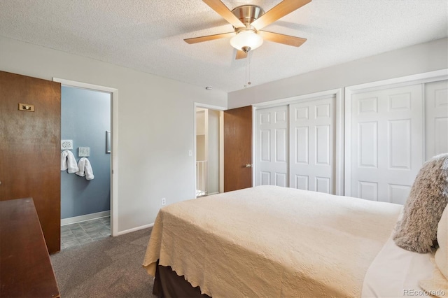 1799 S Lee St Unit B, Lakewood, CO 80232 - bedroom with carpet flooring, multiple closets, baseboards, a textured ceiling, and ensuite bath