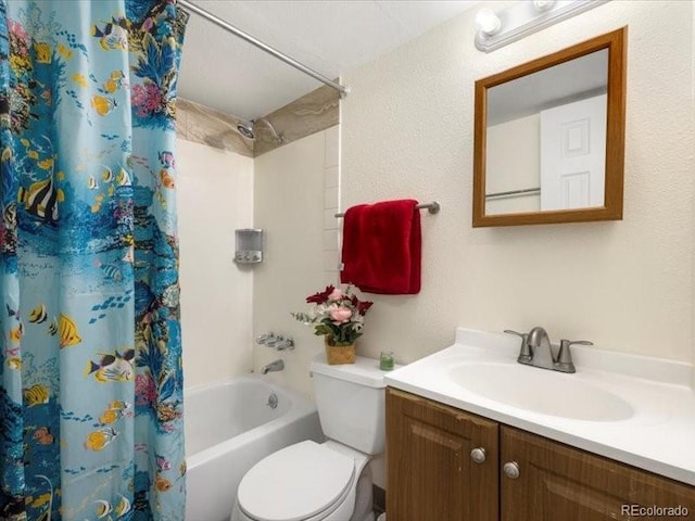 full bathroom featuring vanity, toilet, and shower / bathtub combination with curtain