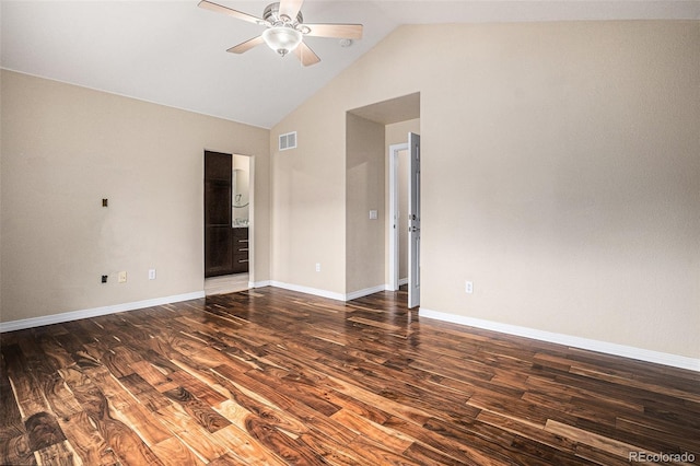 3389 Willowrun Dr, Castle Rock, CO 80109 - unfurnished room featuring a ceiling fan, wood finished floors, high vaulted ceiling, and baseboards