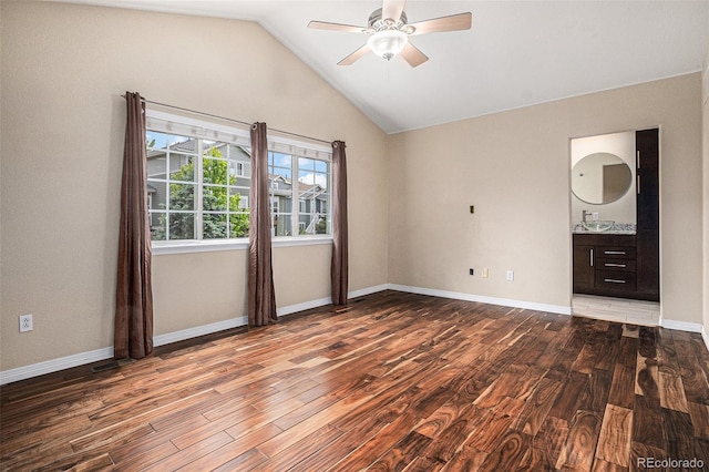 3389 Willowrun Dr, Castle Rock, CO 80109 - unfurnished room featuring ceiling fan, wood finished floors, vaulted ceiling, and baseboards