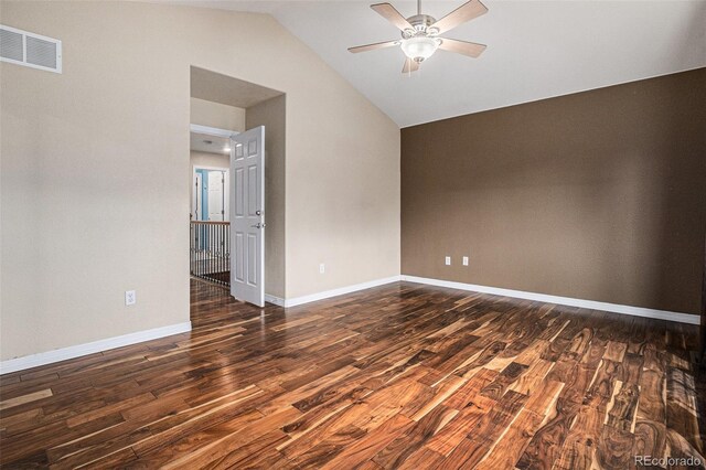 3389 Willowrun Dr, Castle Rock, CO 80109 - spare room featuring wood finished floors, vaulted ceiling, ceiling fan, and baseboards