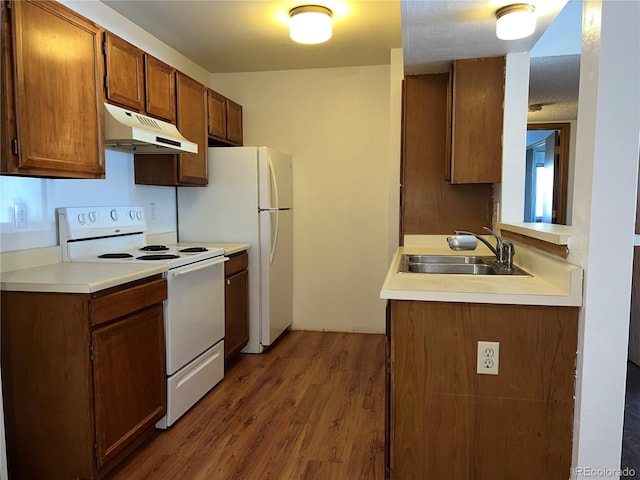 kitchen with dark hardwood / wood-style flooring, white range with electric cooktop, and sink