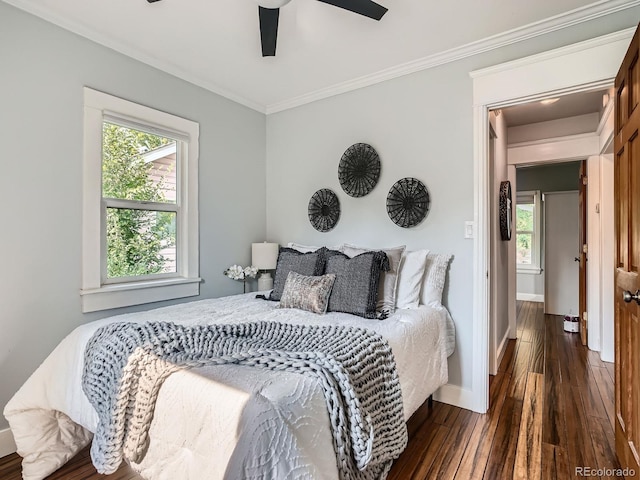 2329 S Gilpin St, Denver, CO 80210 - bedroom featuring dark wood-type flooring, ornamental molding, and a ceiling fan