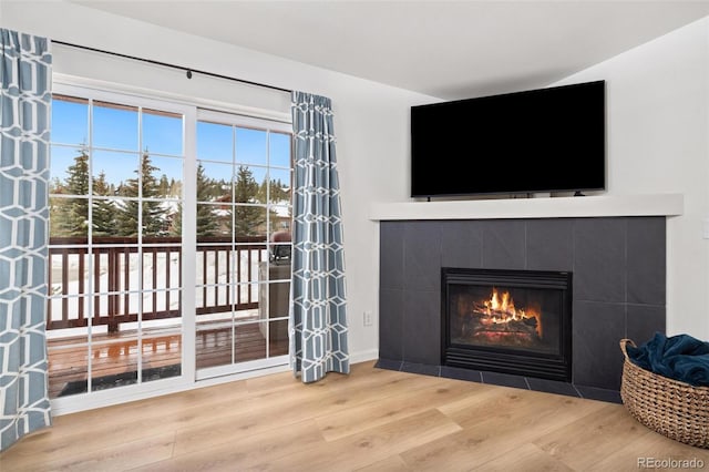 living area with a fireplace and wood finished floors