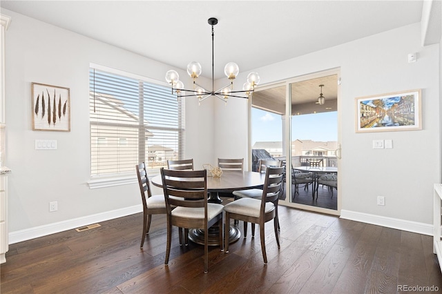 dining room with dark wood finished floors, visible vents, a healthy amount of sunlight, and baseboards