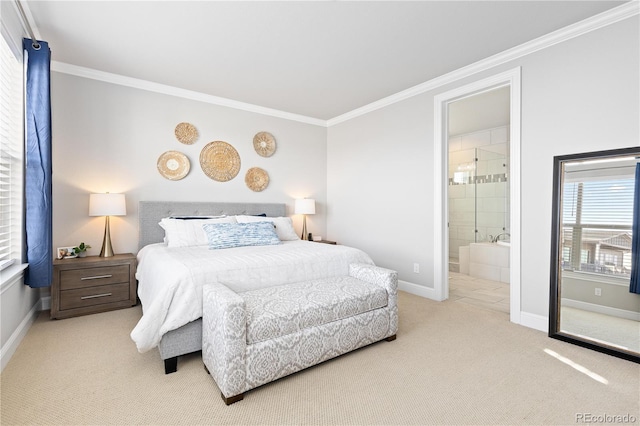 bedroom featuring ensuite bath, carpet flooring, baseboards, and ornamental molding