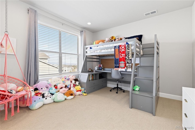 carpeted bedroom featuring visible vents, recessed lighting, and baseboards