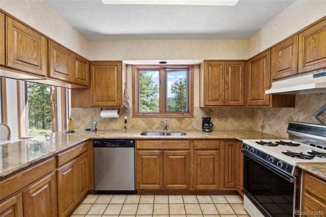 4992 White House Trl, Evergreen, CO 80439 - kitchen with dishwasher, white gas stove, a sink, under cabinet range hood, and brown cabinets