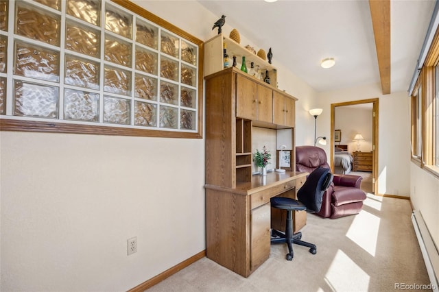 4992 White House Trl, Evergreen, CO 80439 - home office featuring a baseboard heating unit, light colored carpet, baseboards, and beam ceiling