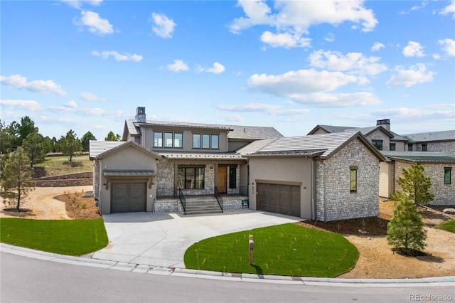 8014 Trinity Peak Ln, Castle Rock, CO 80108 - view of front of home with stucco siding, concrete driveway, stone siding, covered porch, and an attached garage