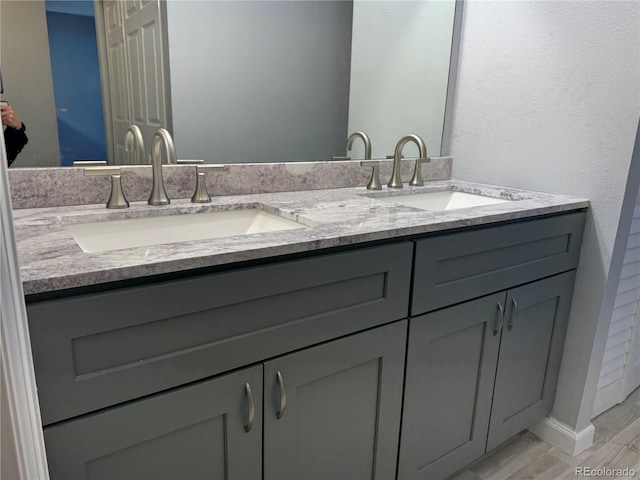 bathroom featuring double vanity, wood finished floors, and a sink