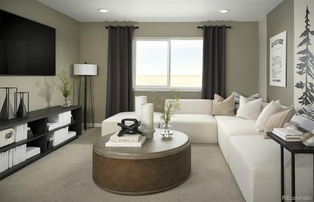 living area with baseboards, light colored carpet, and recessed lighting