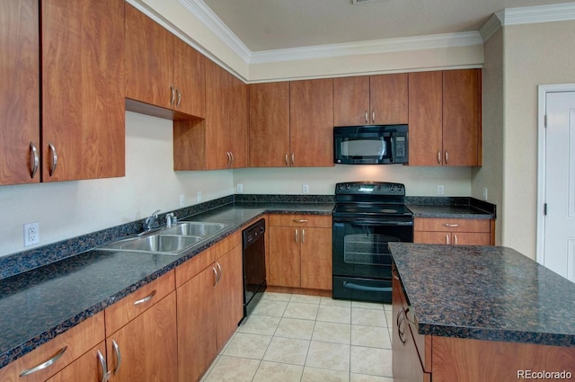 3515 W Walsh Pl, Denver, CO 80219 - kitchen featuring black appliances, a sink, ornamental molding, brown cabinetry, and light tile patterned floors