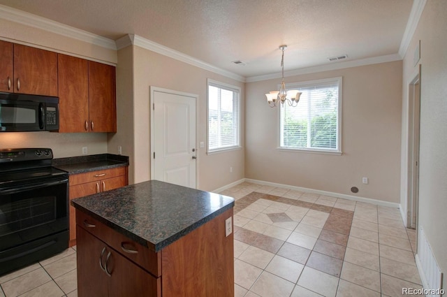 3515 W Walsh Pl, Denver, CO 80219 - kitchen featuring black appliances, light tile patterned flooring, dark countertops, a chandelier, and brown cabinetry