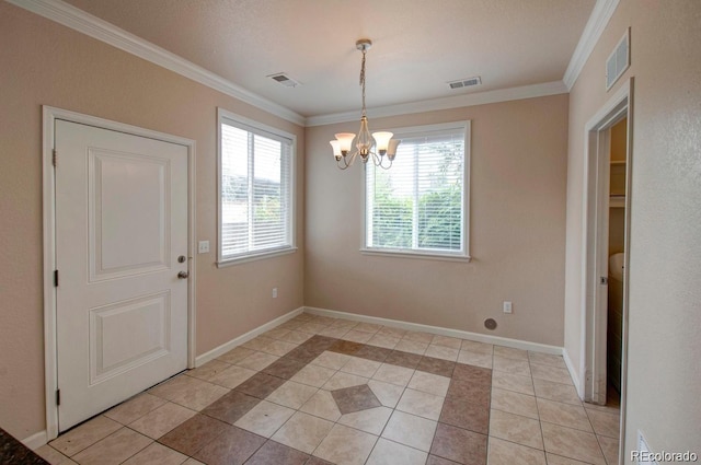 3515 W Walsh Pl, Denver, CO 80219 - unfurnished dining area with light tile patterned flooring, a chandelier, ornamental molding, and baseboards