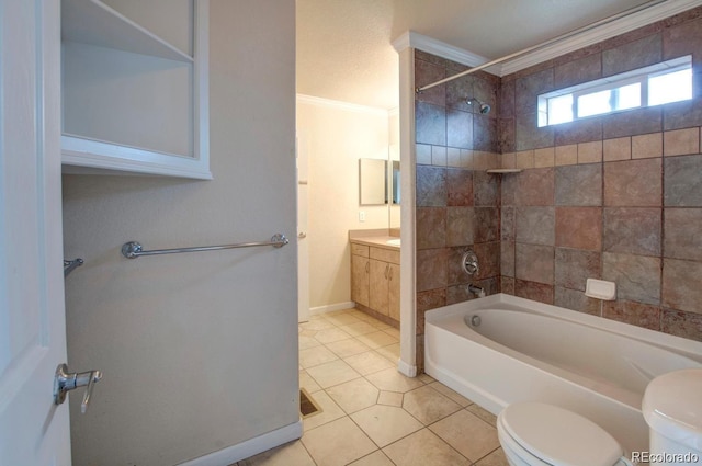 3515 W Walsh Pl, Denver, CO 80219 - full bath featuring toilet, crown molding, shower / bathtub combination, tile patterned flooring, and vanity