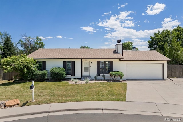 1204 Catalpa Cir, Broomfield, CO 80020 - ranch-style house featuring concrete driveway, an attached garage, a chimney, and roof with shingles