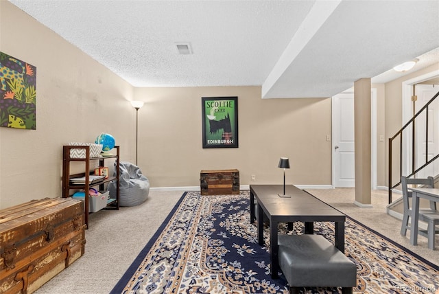 1204 Catalpa Cir, Broomfield, CO 80020 - living room featuring carpet, a textured ceiling, and stairs