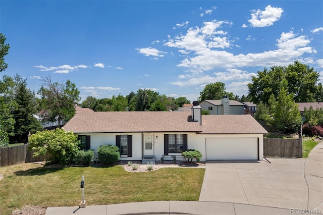 1204 Catalpa Cir, Broomfield, CO 80020 - ranch-style home with driveway, an attached garage, and a chimney