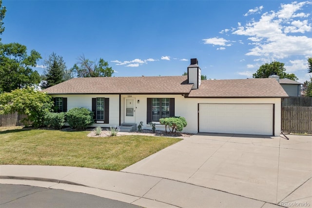 1204 Catalpa Cir, Broomfield, CO 80020 - ranch-style home featuring concrete driveway, an attached garage, a chimney, and roof with shingles