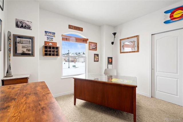 office area featuring light carpet