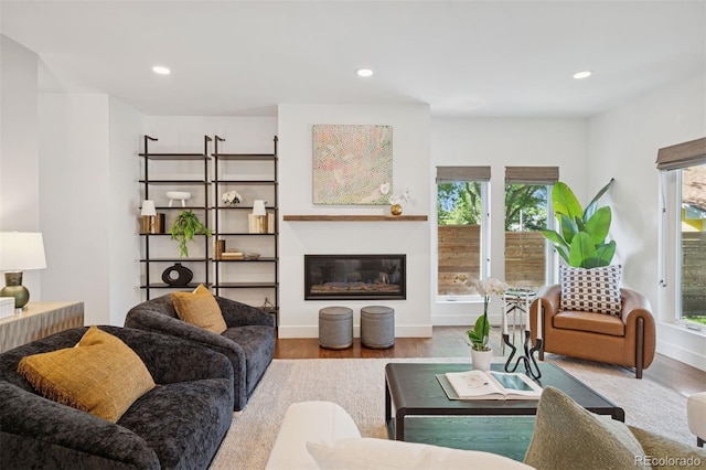 2377 S Humboldt St, Denver, CO 80210 - living area featuring wood finished floors, recessed lighting, and a glass covered fireplace