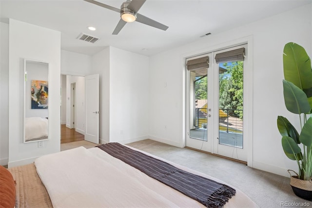 2377 S Humboldt St, Denver, CO 80210 - bedroom with access to exterior, french doors, a ceiling fan, light colored carpet, and recessed lighting