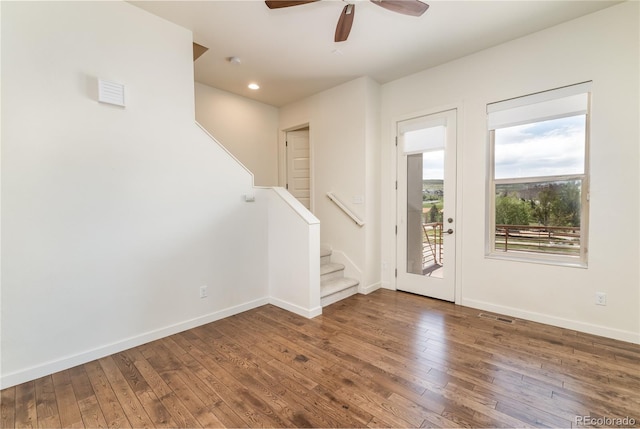 10154 Belvedere Loop, Lone Tree, CO 80124 - foyer entrance featuring hardwood / wood-style floors, a ceiling fan, baseboards, stairs, and recessed lighting
