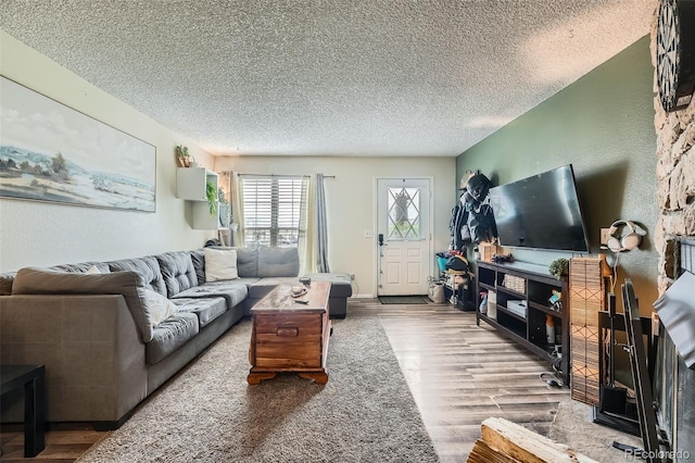 living room featuring wood finished floors and a textured ceiling