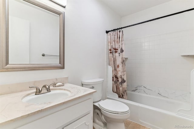 bathroom with vanity, toilet, shower / bathtub combination with curtain, and tile patterned flooring