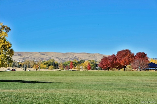 view of property's community featuring a yard, a rural view, and a mountain view